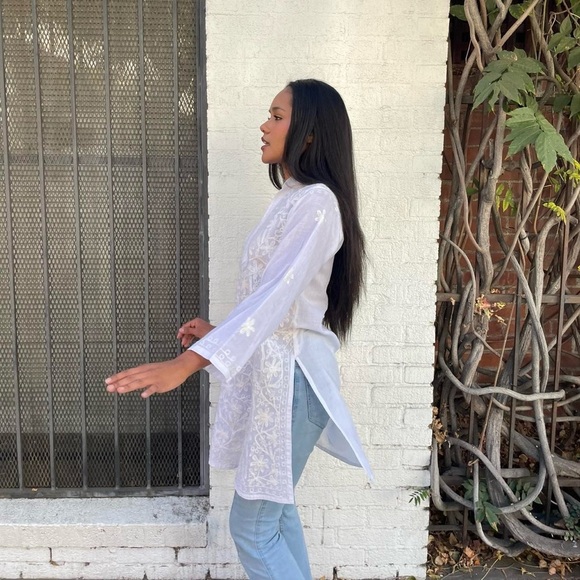 White embroidered long sleeve tunic blouse / fits size s-m / cottagecore - Picture 4 of 6